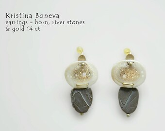 Earrings, Unique jewellery, River Stones, Horn, Gold 14 ct