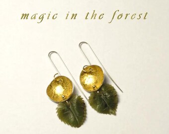 Unique earrings made from antique cut and engraved jade leaves, sterling silver and gold leaf.