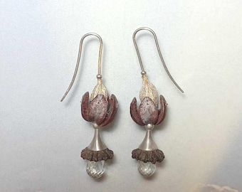 Unique earrings made from thuja, cardamom with silver leaf, eucalyptus, prasiolite and sterling silver.