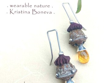 Unique earrings made from  eucalyptus, citrine stones and sterling silver.