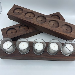 Set of 5 Walnut Wood Block Candle Holder Centerpieces