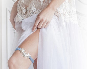 Luxury wedding garter • Flower wedding garter • Something blue garter • Crystal wedding garter