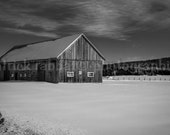 Winter Barn Scene Photo Fine Art Photography Black and White Winter Scenery Lanaudiere Quebec Snow Cold Winter Scene Cottage Scene Old Barn