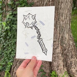 Medieval morning star Hand Carved Linocut Print | Fantasy & Whimsical Art | Bookish Home Decor | Moody Wall Art | Handmade recycled paper