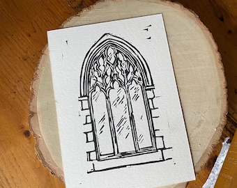 Gothic Cathedral Window Hand Carved Linocut Print | Fantasy & Whimsical Art | Bookish Home Decor | Moody Wall Art | Handmade recycled paper