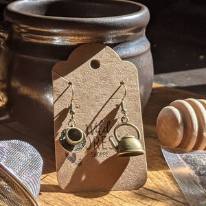 Tea time Antique Bronze finish fishhook earrings, tea cup and tea pot charm earrings