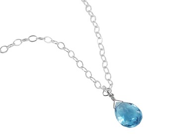 Blue Topaz Teardrop Pendant, Sterling Silver Necklace, December Birthstone