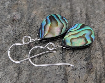 Parelmoer abalone oorbellen, sterlingzilveren schelppareloorbellen, parelmoer oorbellen, 18 x 13 mm peervorm parelmoer