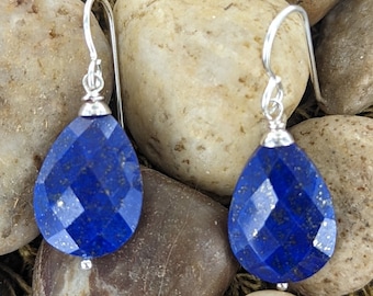 Blue Lapis Lazuli Earrings, Silver or Gold, Dark Royal Navy Tear Drop, Pear Dangle Stones, Blue Gemstone Jewelry, Birthday