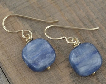 Kyanite Earrings in 14K Gold Filled, Blue Square Gemstone Jewelry, Dangle Earrings, Anniversary & Birthday Gifts, Valentine's Day Gifts