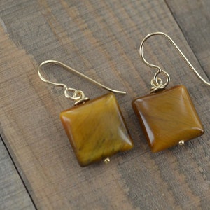 Square Tiger Eye Earrings in 14K Gold filled, Simple Geometric Jewelry, Brown Earrings, Birthday & Mother&#39;s Day Gifts, Gifts for Women