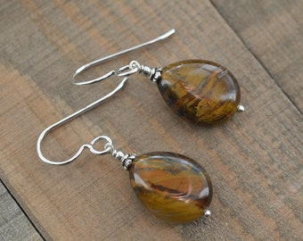Tiger Eye Earrings, Bohemian Jewelry, Brown Gemstone Earrings, Pear 18x13 mm, Anniversary & Birthday Gifts, Valentine's Day Gifts