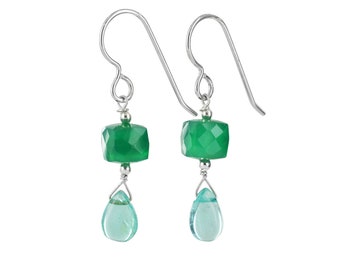 Green Chalcedony Blue Apatite Gemstone Earrings, Silver Jewelry Dangle Earrings, Dainty Earrings, Anniversary & Birthday Gifts