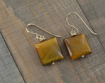 Square Tiger Eye Earrings in 14K Gold filled, Simple Geometric Jewelry, Brown Earrings, Anniversary & Birthday Gifts, Valentine's Day Gifts