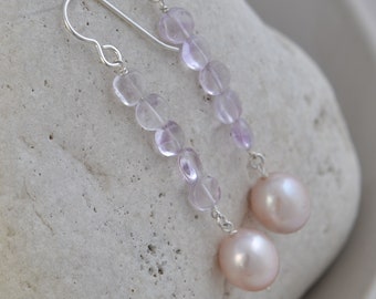 Pearl Bridal Earrings, Long Pearl Earrings, Pink Pearl and Pink Amethyst Gemstones in Sterling Silver, Valentine's Day Gifts