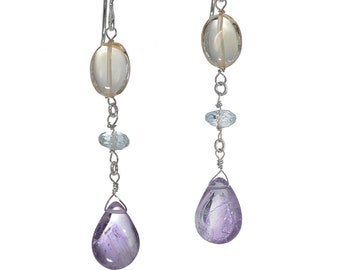Amethyst, Citrine and Aquamarine Multi Briolette Gemstone Long Dangling Earrings, 925 Sterling Silver, Pastel Earrings, Gifts for Mom