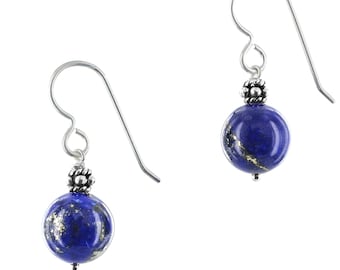 Lapis Lazuli Gemstone Earrings, Oxidized Silver Bali Beads