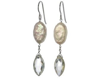 Long Dangle Gemstone Pearl Earrings, Sage Green Amethyst, Briolette Stones, Freshwater Coin Pearl Earrings, Silver Jewelry