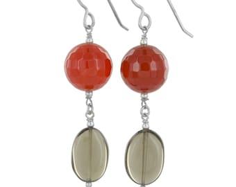 Orange and Brown Earrings, Multicolor Earrings, Orange Agate and Smoky Quartz Gemstone Silver Long Earrings,