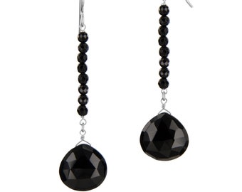 Long Black Gemstone Earrings, Black Onyx Briolette, Silver Jewelry, Birthday Gifts for Mom, Wife, Statement Earrings, Birthday Gifts