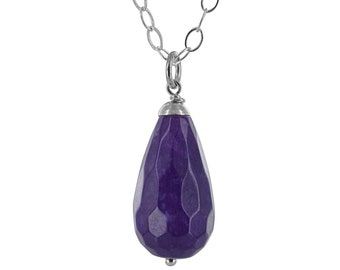 Aubergine Dark Purple Jade Briolette Gemstone Pendant Necklace, Silver Jewelry 18 inch Chain, Anniversary & Birthday Gifts