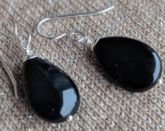 Black Earrings,  Black Onyx Gemstone,  Dangle Drop Earrings,  Sterling Silver,  Minimalist Earrings, Black Earrings, Birthday Gifts