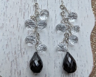 Black and White Earrings, Bohemian Chandelier Earrings, Gemstone Earrings, Semi Precious Stones, Beaded Black Spinel and Rock Crystal Silver