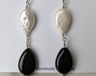 Statement Black White Earrings, White Oval Coin Pearl, Pear Shape Black Onyx Gemstone Dangle Long Earrings, Anniversary & Birthday Gifts