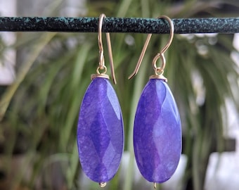 Statement Earrings, Purple Gemstone Earrings, Jade Quartz Briolette Gemstone Dangle Ear Drops, 14K GF Gold Earrings, Valentine's Day Gifts