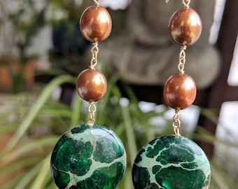 Dark Green Jasper and Copper Pearl Gemstone Long Earrings, 14K Gold Filled, Multicolor Earrings, March Birthstone, Birthday Gifts