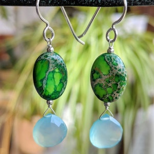 Blue Chalcedony, Green Jasper Gemstone Earrings, Silver Jewelry, Multicolor Earrings, March Birthstone,