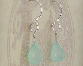 Dainty Earrings, Seafoam Blue Aqua Chalcedony Briolette Gemstone Sterling Silver Handmade Earrings, Anniversary & Birthday Gifts