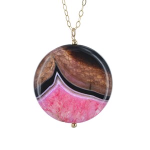 Pink, Brown & Black Polished Agate Gemstone Pendant Necklace,  14K GF,  Genuine Gemstone,  18 Inch Necklace, Birthday Gifts