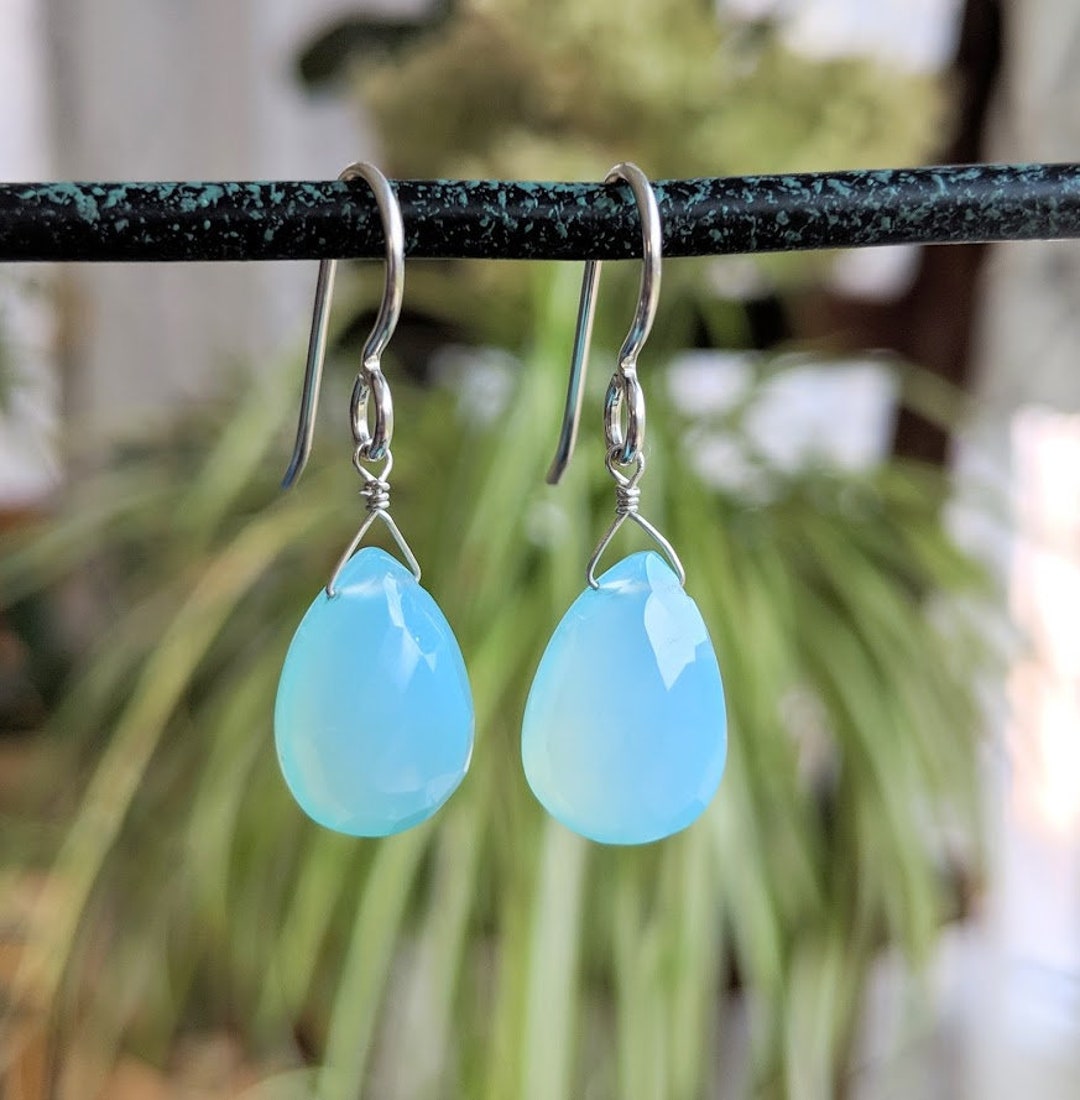 Blue Pear Shape Gemstone Earrings, Dangle Light Blue Earrings, Silver
