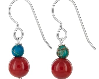 Red Coral Dangle Dainty Earrings with Blue Jasper, Simple Red and Blue Earrings, Silver Jewelry, Valentine's Day Gifts