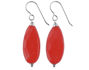 Coral Red Jade Earrings, Red Gemstone Dangle Earrings, Silver Jewelry, Bright Red Dangle Earrings, Red Silver Earrings, Birthday Gifts