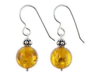 Yellow Amber Gem Earrings, Silver Jewelry,  Dainty Ball Earrings, Bali Beads, Anniversary & Birthday Gifts for Her, Valentine's Day Gifts