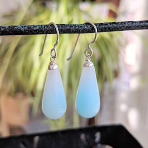 Powder Blue Jade Calming Earrings, Light Baby Blue Gemstones, Long Polished Briolette Gems, Silver Jewelry,
