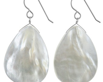 Mother of Pearl Earrings | Large Statement White Earrings | Gold or Silver Handmade Dangle Earrings | June Birthstone Gift for Her