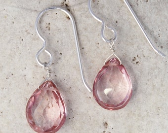 Pink Earrings, Pink Quartz Gemstone Dangle Earrings, Silver Jewelry, Tear Drop Baby Pink Earrings, Light Pink Jewelry, Valentine's Day Gifts