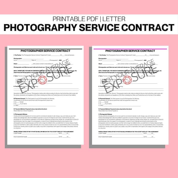 Printable Photography Contract - Printable Photo Release Form - Photography Booking Form -Service Contract -Photographer Contract Form - PDF