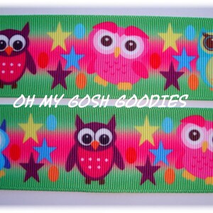 5 Yard or 25 Yard Roll Sale - ROCK STAR HOOT Owls Grosgrain Ribbon 7/8&quot;- 1.5&quot;  - Oh My Gosh Goodies Ribbon