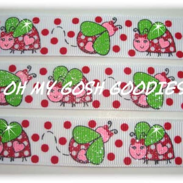 Last 1 - 30 Yard Roll Sale - LADYBUG SWEETIE PIE Glitter grosgrain ribbon - 7/8" - Oh My Gosh Goodies Ribbon