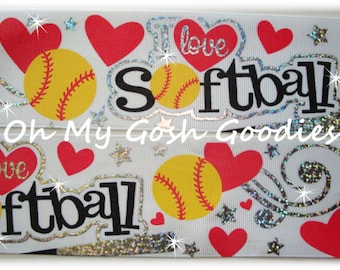 Silver HOLOGRAM I LOVE SOFTBALL  grosgrain ribbon  - 7/8&quot;, 1.5&quot;, 2 1/4&quot; - 5 Yards - Oh My Gosh Goodies Ribbon