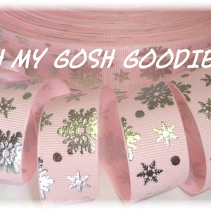 Christmas SILVER BLING SNOWFLAKES Pink Grosgrain Ribbon - 7/8