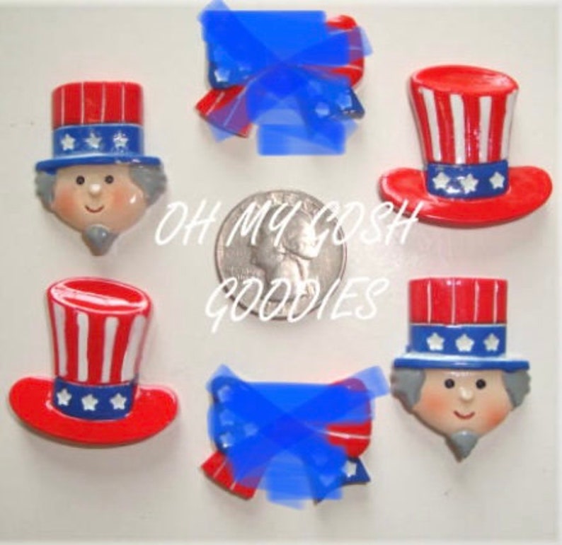 May include: Six red, white, and blue Uncle Sam themed figurines. Each figurine has a white star pattern on the hat and a white beard. The figurines are made of ceramic and are approximately 2 inches tall.
