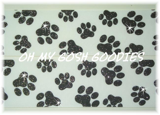 CHEER GLITTER PAWS White / Black grosgrain ribbon - 2 1/4", 3" -  5 Yards - Oh My Gosh Goodies Ribbon