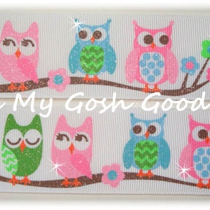 5 Yard or 25 Yard Roll Sale - GLITTER OWLS and FLOWERS Grosgrain Ribbon 7/8&quot; - Oh My Gosh Goodies Ribbon