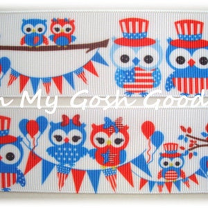 FLAG BANNER Patriotic Hoot OWLS Grosgrain Ribbon  1.5&quot; - 5 Yards - Oh My Gosh Goodies Ribbon