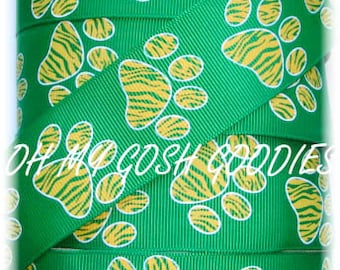 TIGER PAWS GREEN Gold grosgrain ribbon - 7/8&quot; -  5 Yards - Oh My Gosh Goodies Ribbon